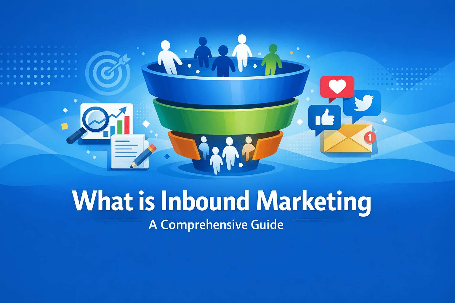 Illustration of a colorful inbound marketing funnel with people entering the top and leads exiting the bottom, surrounded by SEO, content, email, and social media icons on a blue gradient background, with the headline “What is Inbound Marketing – A Comprehensive Guide.”