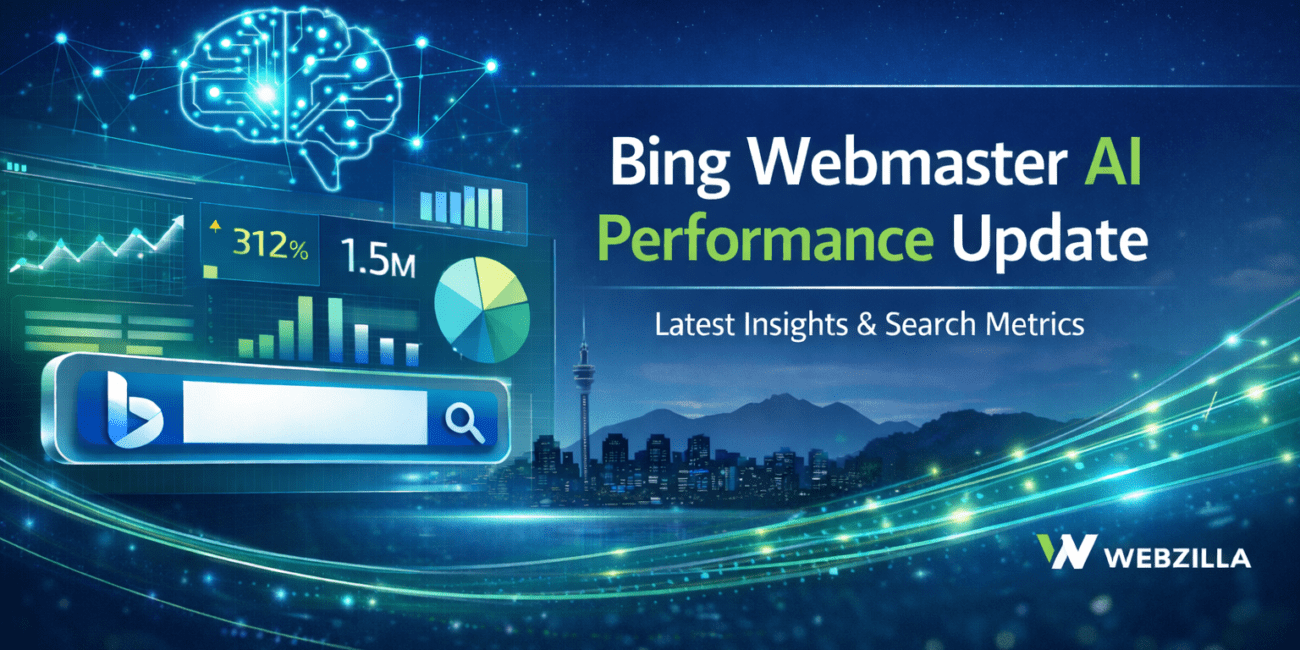 Bing Webmaster AI performance update banner featuring search analytics dashboard, data charts, and performance metrics in a blue and green corporate design.