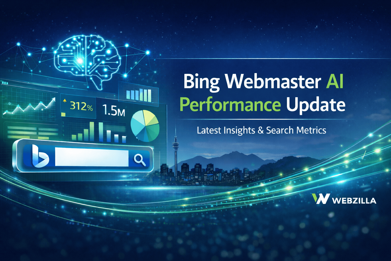 Bing Webmaster AI performance update banner featuring search analytics dashboard, data charts, and performance metrics in a blue and green corporate design.