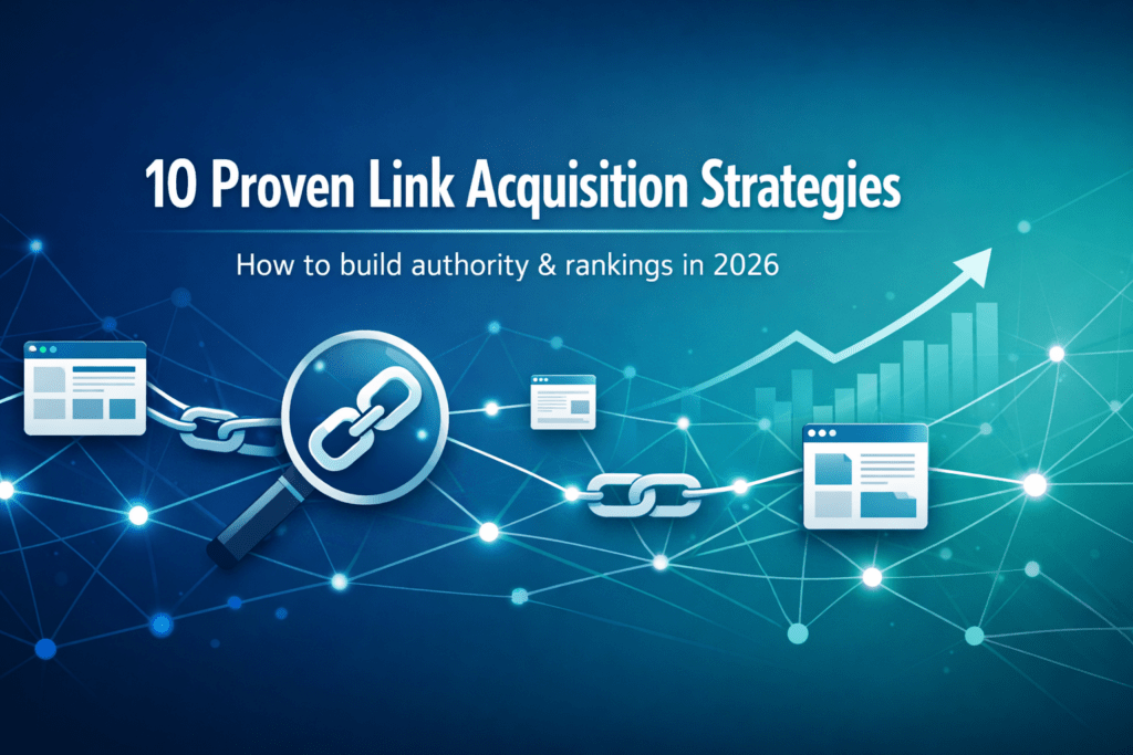 Digital banner showing a network of connected website links and chain icons representing link acquisition strategies and SEO growth.