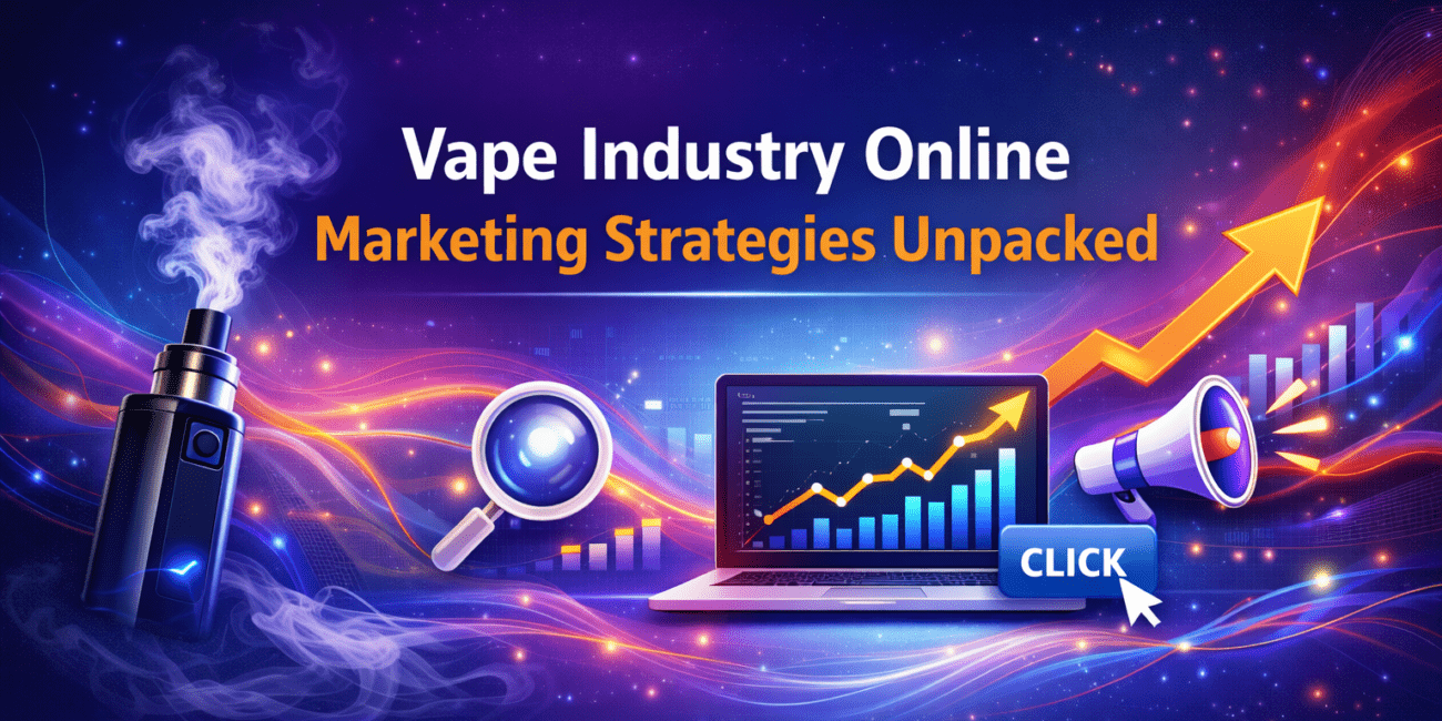 Minimalist banner image for a blog on vape industry online marketing strategies, featuring a clean dark gradient background with subtle vapor textures and simple digital growth elements, conveying data-driven and compliant digital marketing.