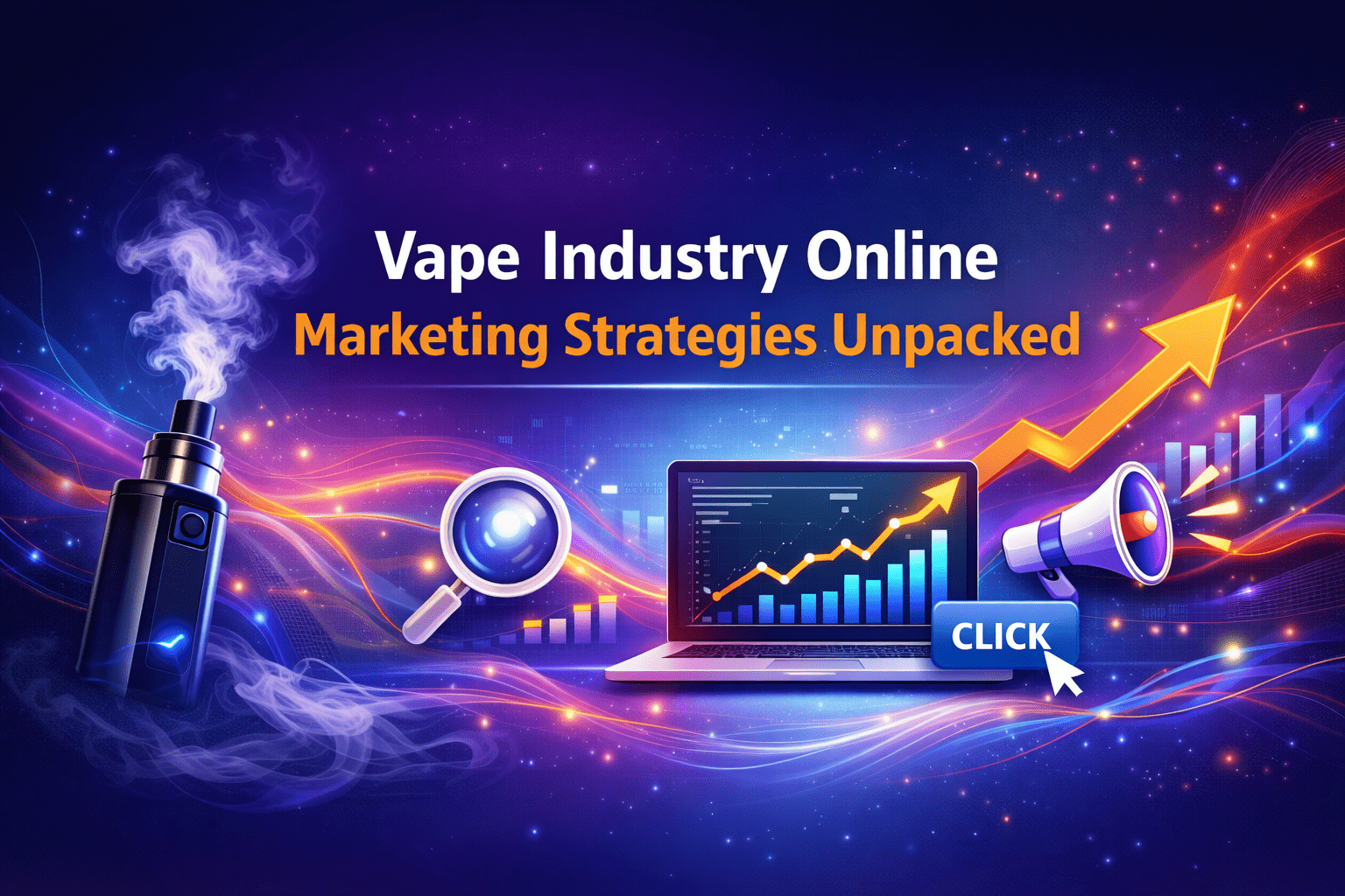 Minimalist banner image for a blog on vape industry online marketing strategies, featuring a clean dark gradient background with subtle vapor textures and simple digital growth elements, conveying data-driven and compliant digital marketing.