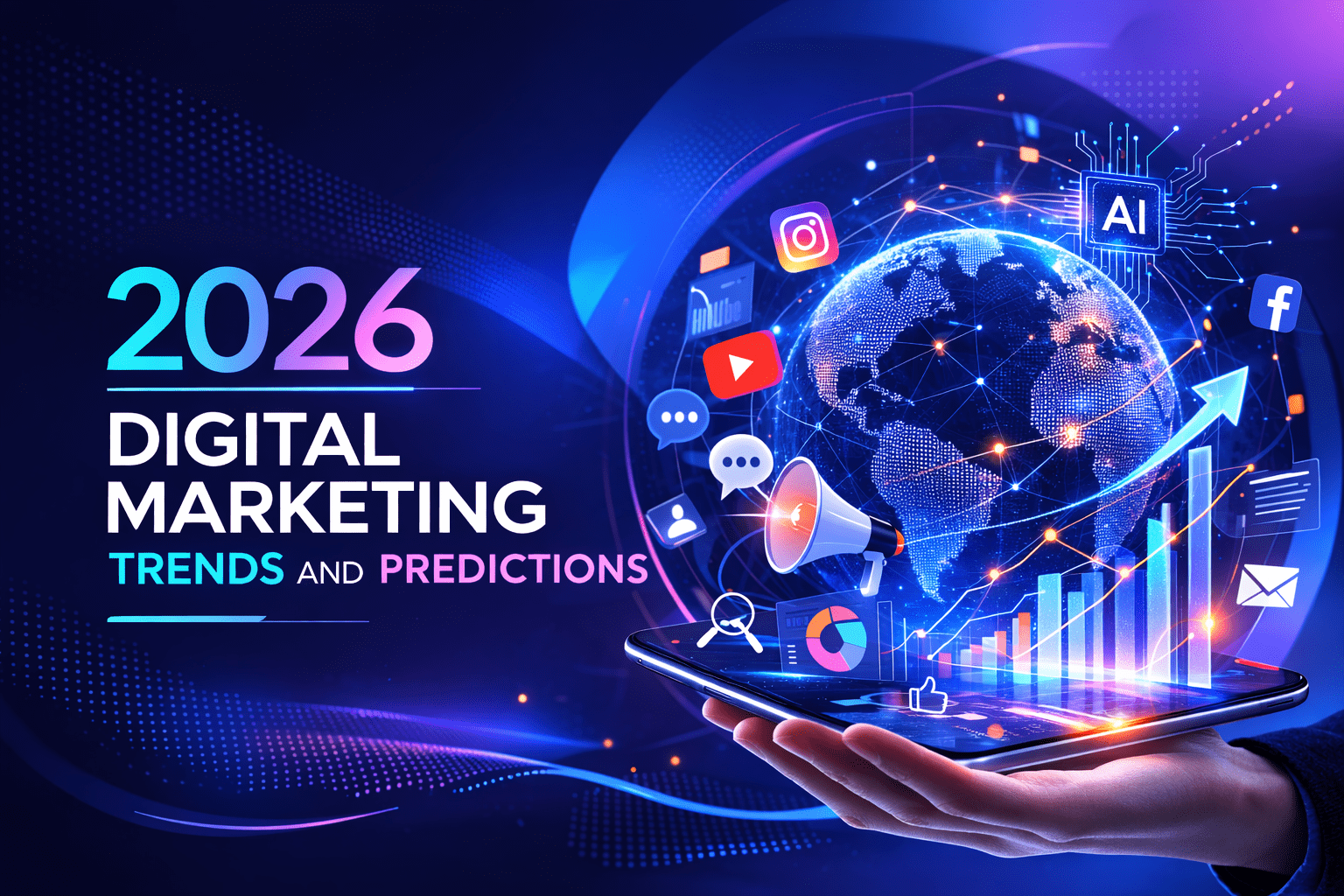 2026 digital marketing trends banner with AI technology, global analytics dashboard, social media platforms, growth charts, and predictive data visualization.