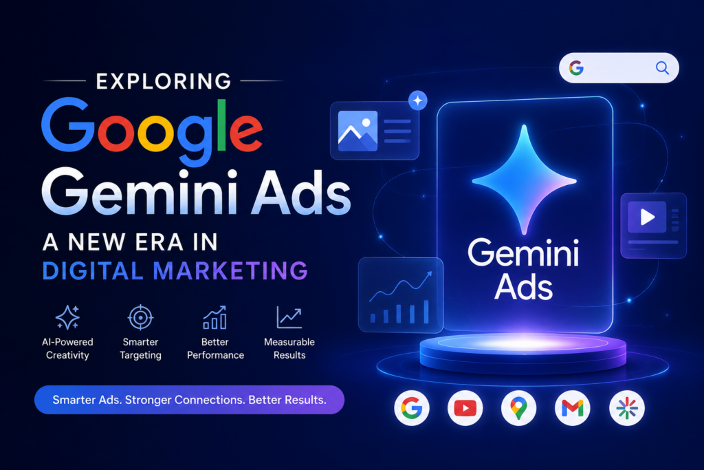 Exploring Google Gemini Ads banner featuring a futuristic AI-powered digital advertising interface, Google Gemini branding, analytics dashboards, search and video ad elements, and marketing performance icons representing smarter targeting, AI creativity, and measurable advertising results.