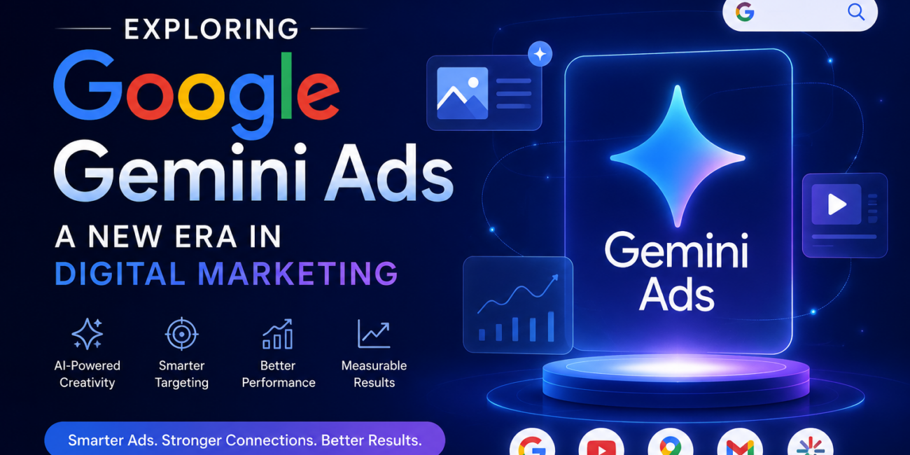 Exploring Google Gemini Ads banner featuring a futuristic AI-powered digital advertising interface, Google Gemini branding, analytics dashboards, search and video ad elements, and marketing performance icons representing smarter targeting, AI creativity, and measurable advertising results.